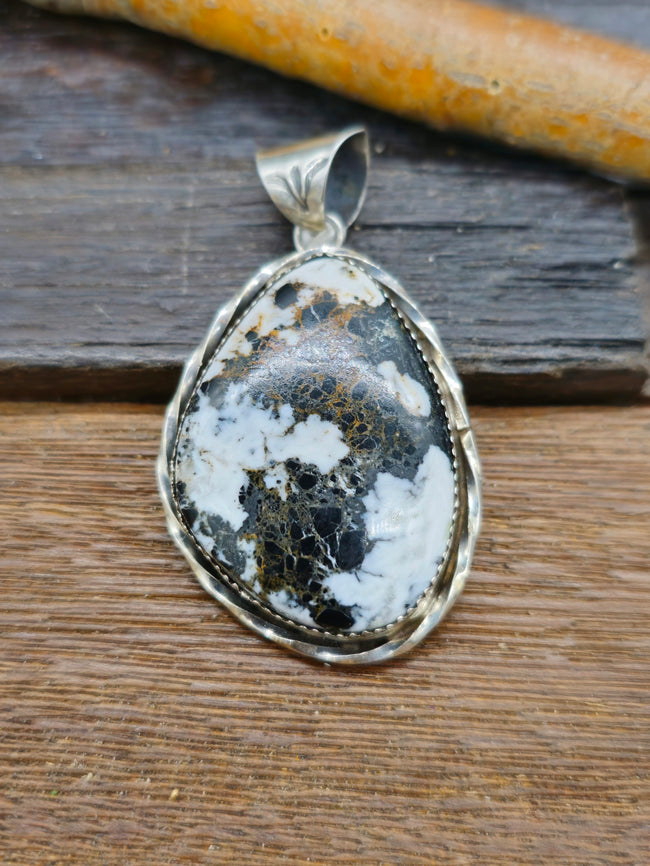 Sterling Silver White Buffalo Pendant with Stamped Bail