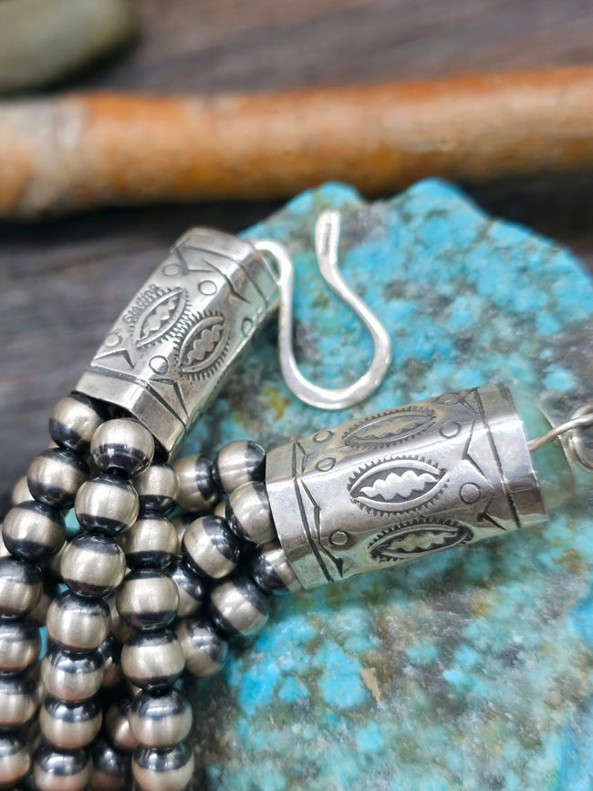 Four Stand Spiny Oyster Shell and Sterling Silver Bead Necklace by Fred Archuleta - 32 in.