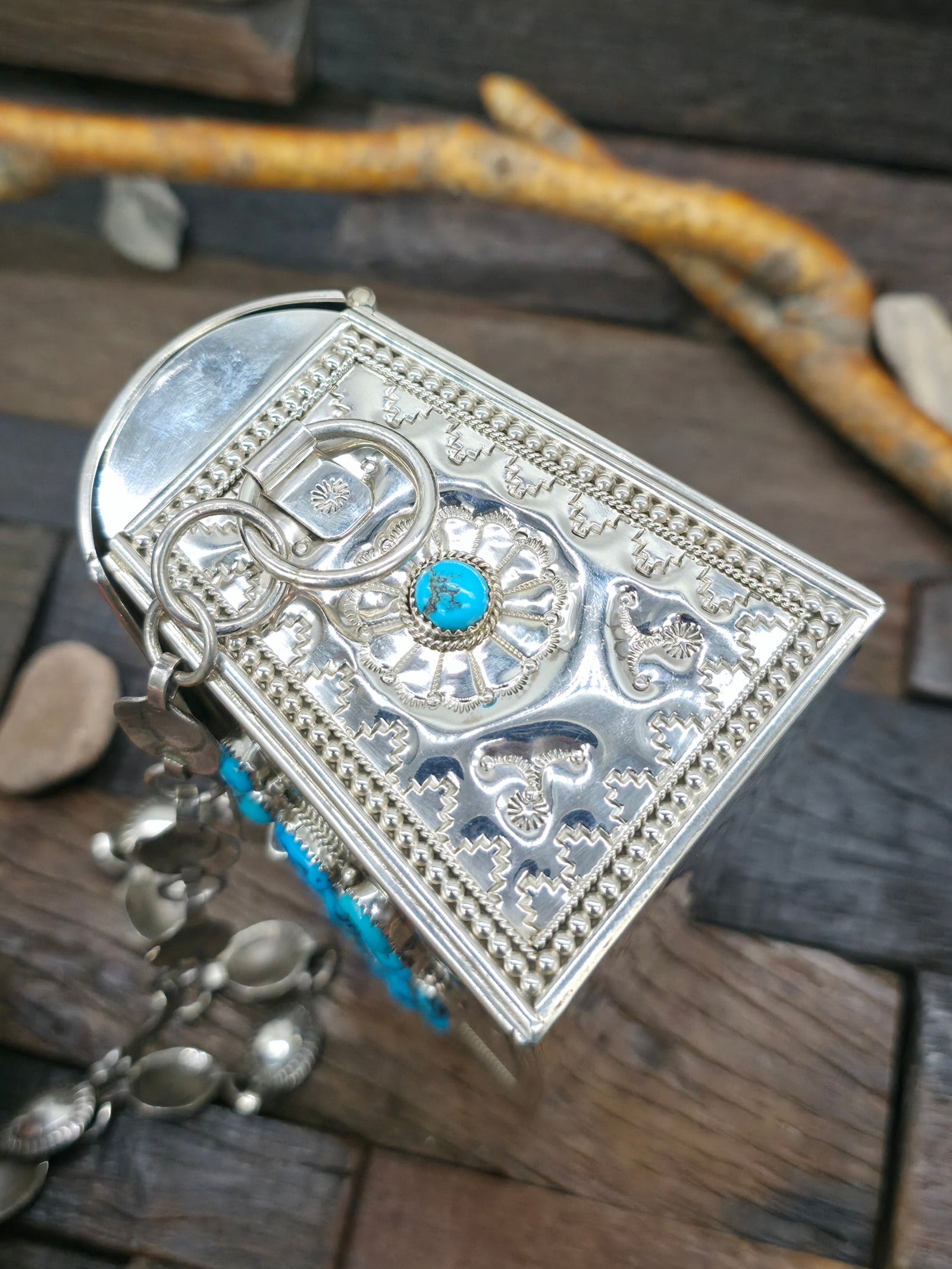 Stamped Sterling Silver Kingman Turquoise Crossbody Purse by Phil Lynn and Wilford Begay - 6 in. by 2 1/2 in. by 3 3/4 in.
