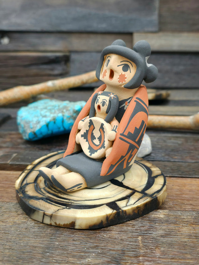 Jemez Storyteller Figurine with Girl and Basket by Chrislyn Fragua - 3 1/2" by 3" by 2"