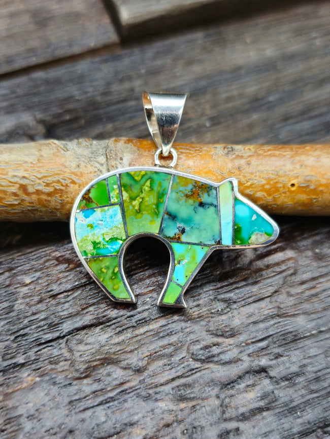 Green Turquoise Sterling Silver Inlay Bear Pendant