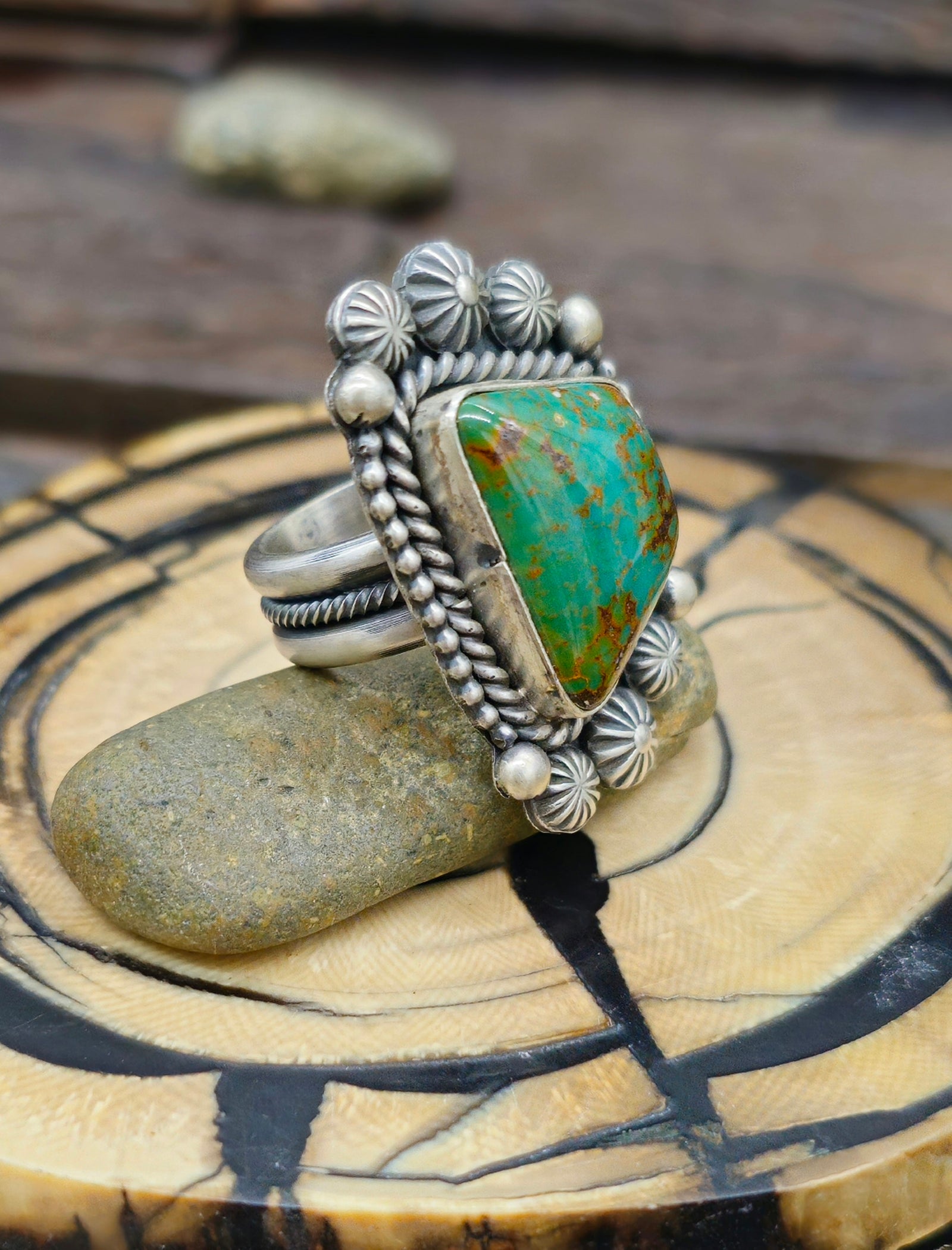 Stamped Sterling Silver and Green Turquoise Ring - Size 9