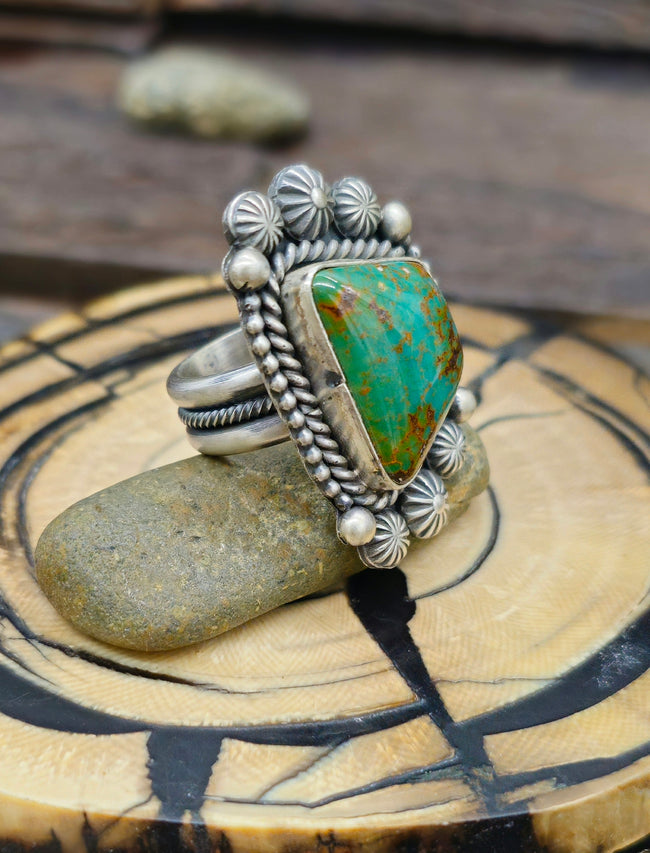Stamped Sterling Silver and Green Turquoise Ring - Size 9