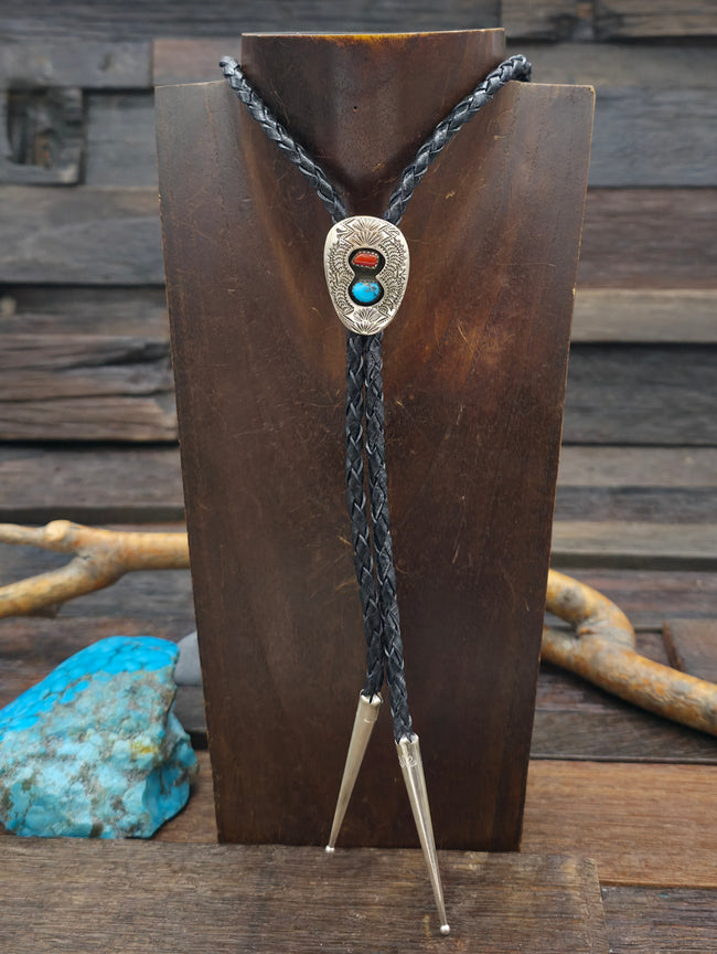 Stamped Sterling Silver Shadowbox Bolo with Turquoise and Coral