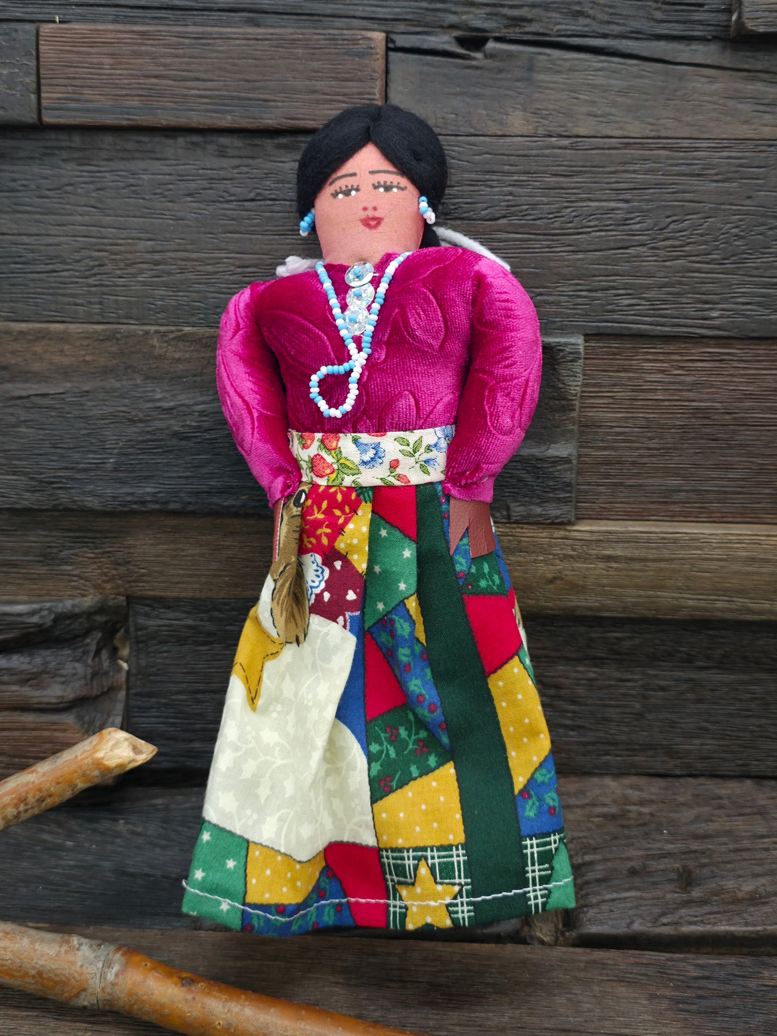 Handmade Cloth Doll - Pink Shirt, Patchwork Skirt