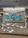 Stamped Sterling Silver Kingman Turquoise Crossbody Purse by Phil Lynn and Wilford Begay - 6 in. by 2 1/2 in. by 3 3/4 in.