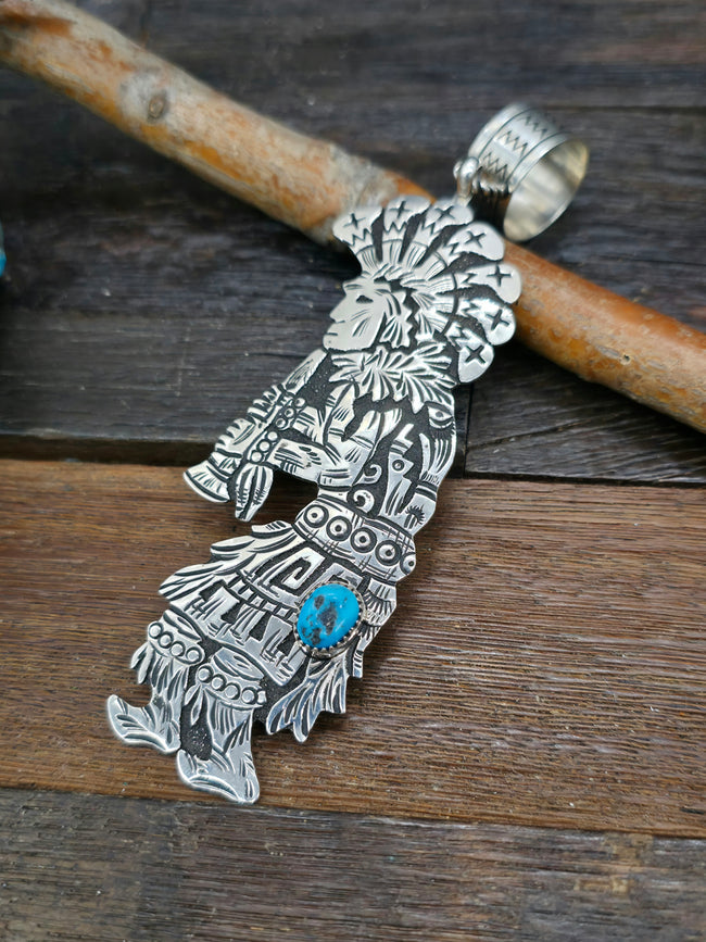 Large Sterling Silver and Turquoise Kachina Pendant by Richard Singer