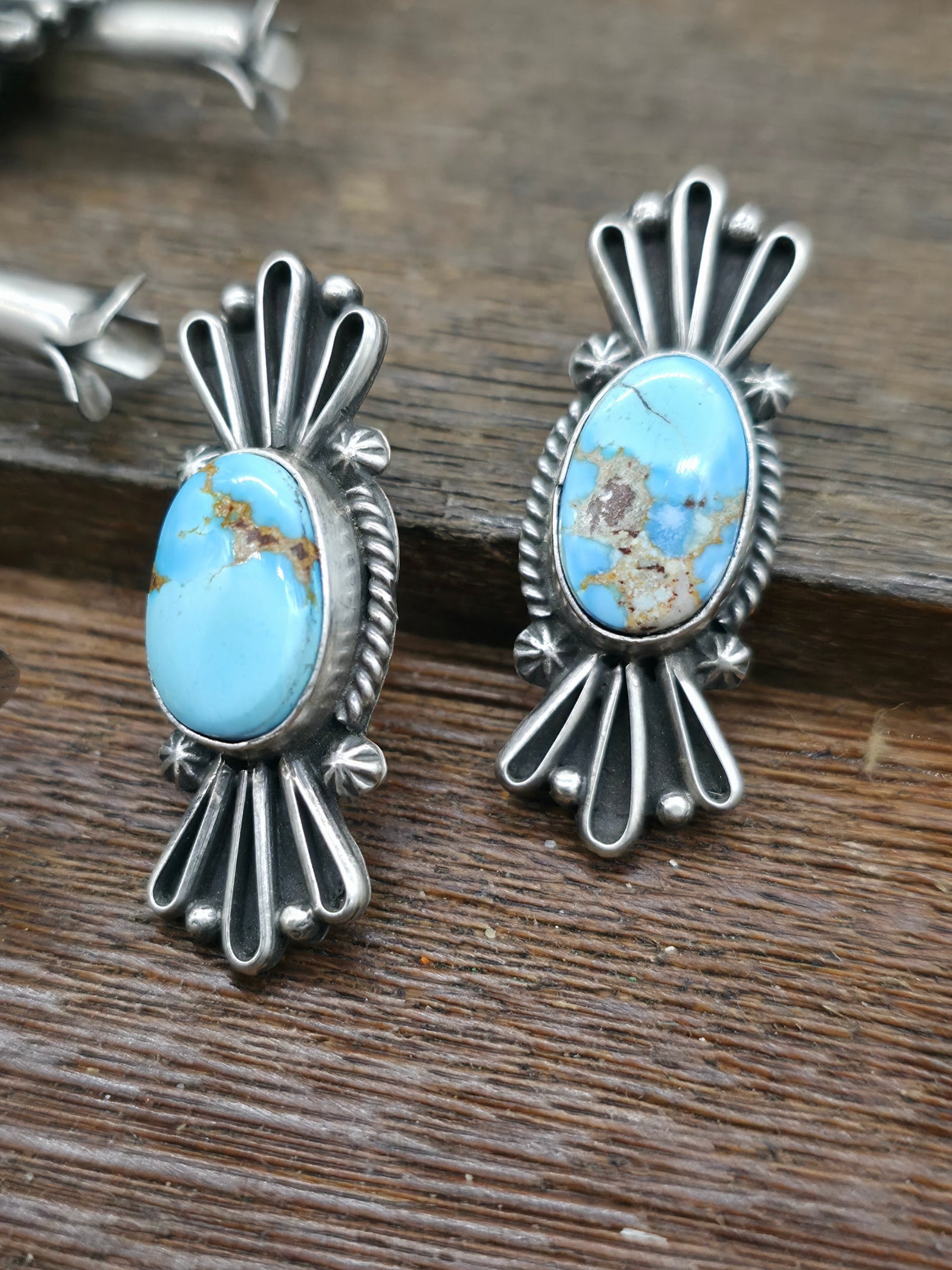Sterling Silver Golden Hill Turquoise Squash Blossom Necklace and Earring Set by T. Smith and F. Martinez - 22 in.