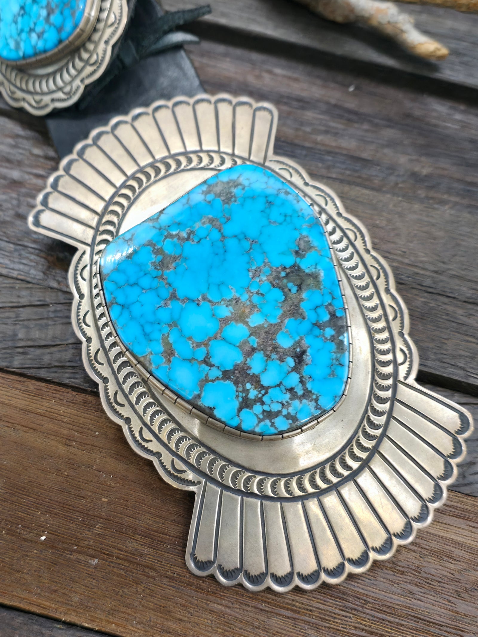 Stamped Sterling Silver Kingman Turquoise Concho Belt by Delbert Delgarito - 60 in.