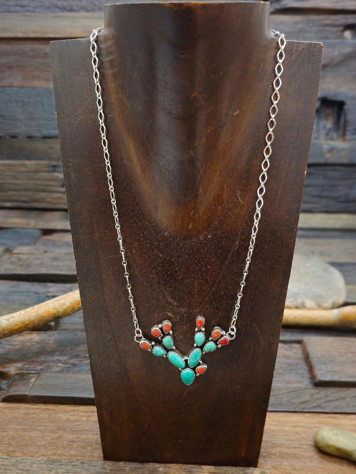 Green Turquoise and Coral Prickly Pear Necklace by S. Tso 18 in.