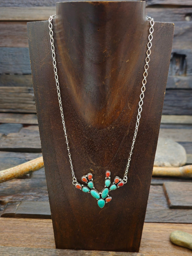 Green Turquoise and Coral Prickly Pear Necklace by S. Tso 18 in.