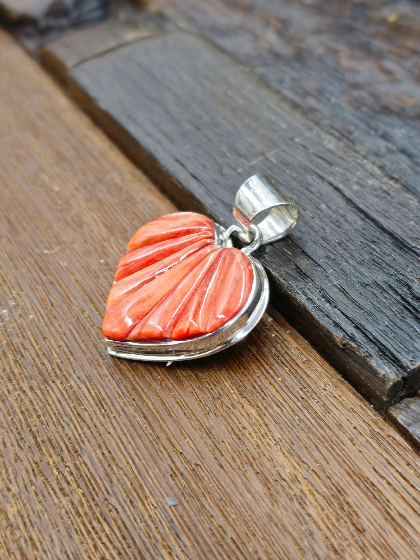 Orange Spiny Cobblestone Inlay Sterling Silver Heart Pendant by Julius Burbank