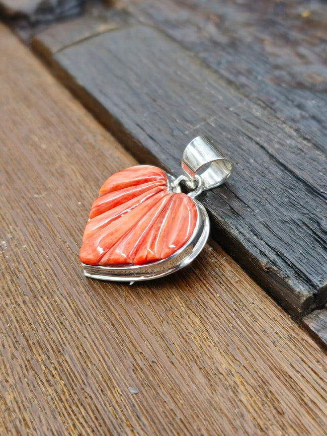 Orange Spiny Cobblestone Inlay Sterling Silver Heart Pendant by Julius Burbank