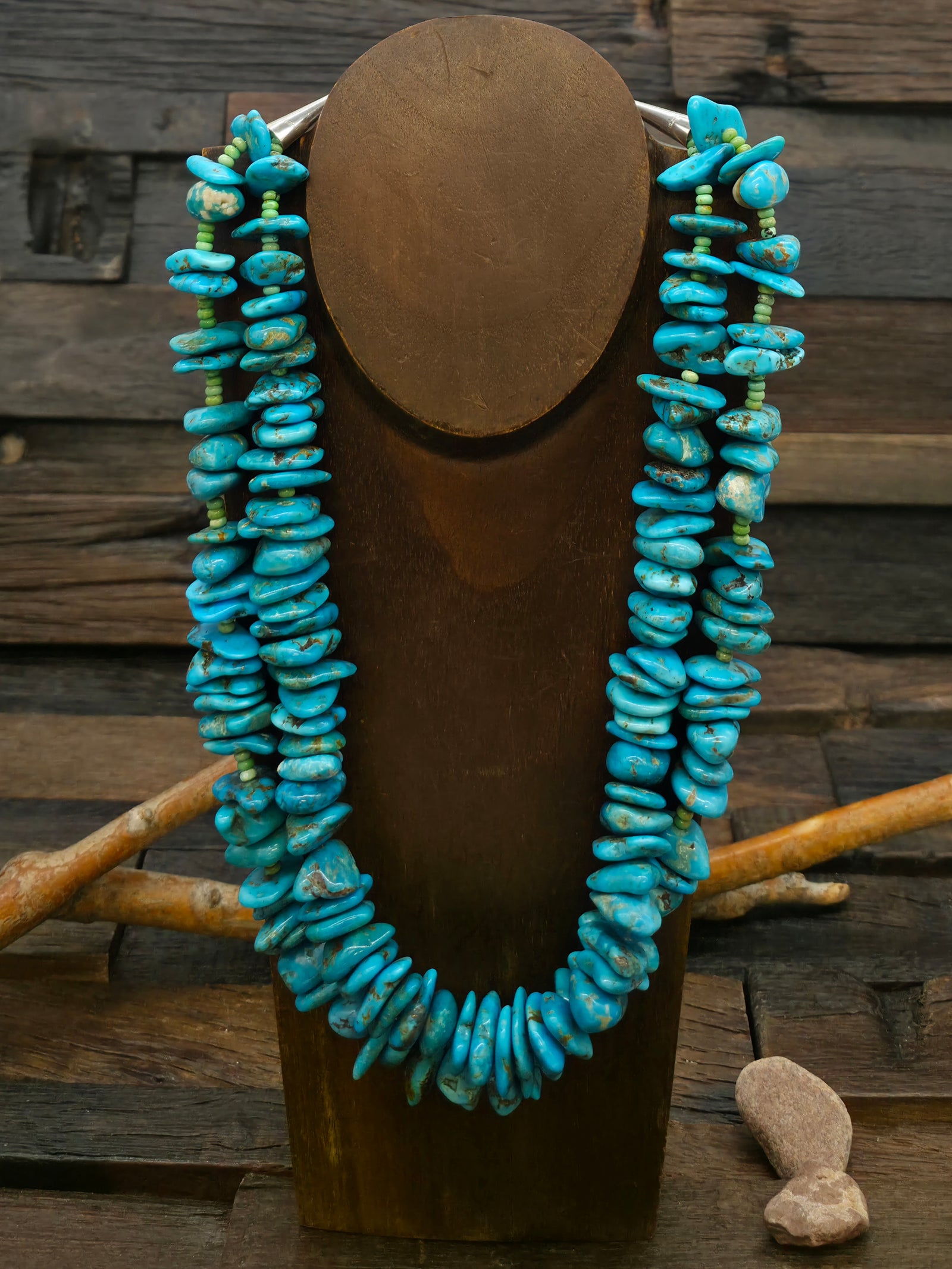 Two Strand Blue Turquoise Nugget Necklace with Small Green Turquoise Beads - 21 in. plus 2 in. Extender