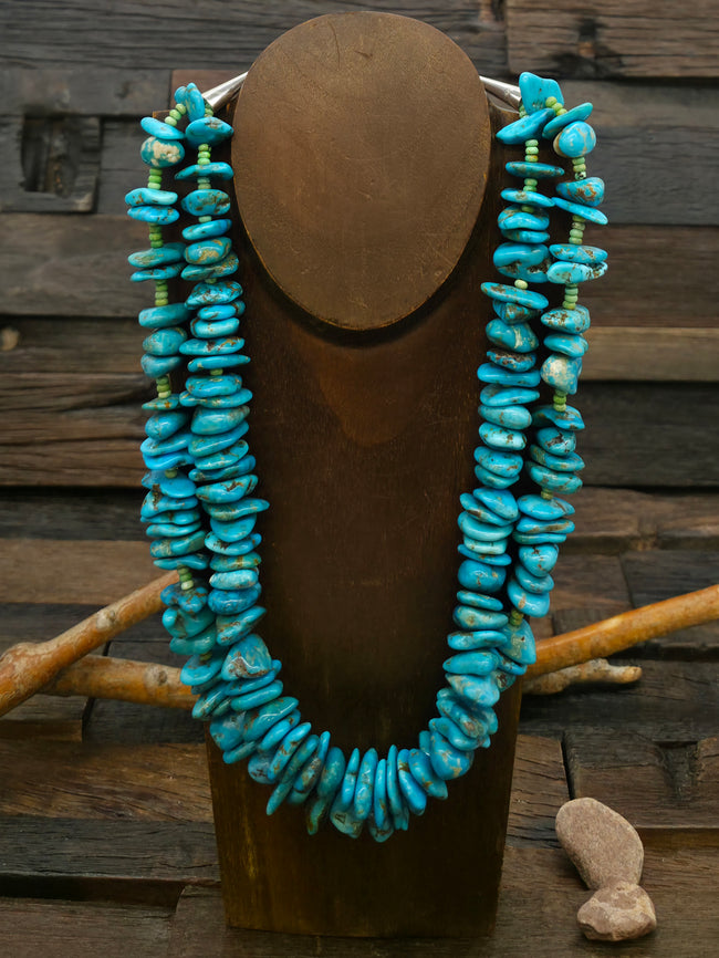 Two Strand Blue Turquoise Nugget Necklace with Small Green Turquoise Beads - 21 in. plus 2 in. Extender