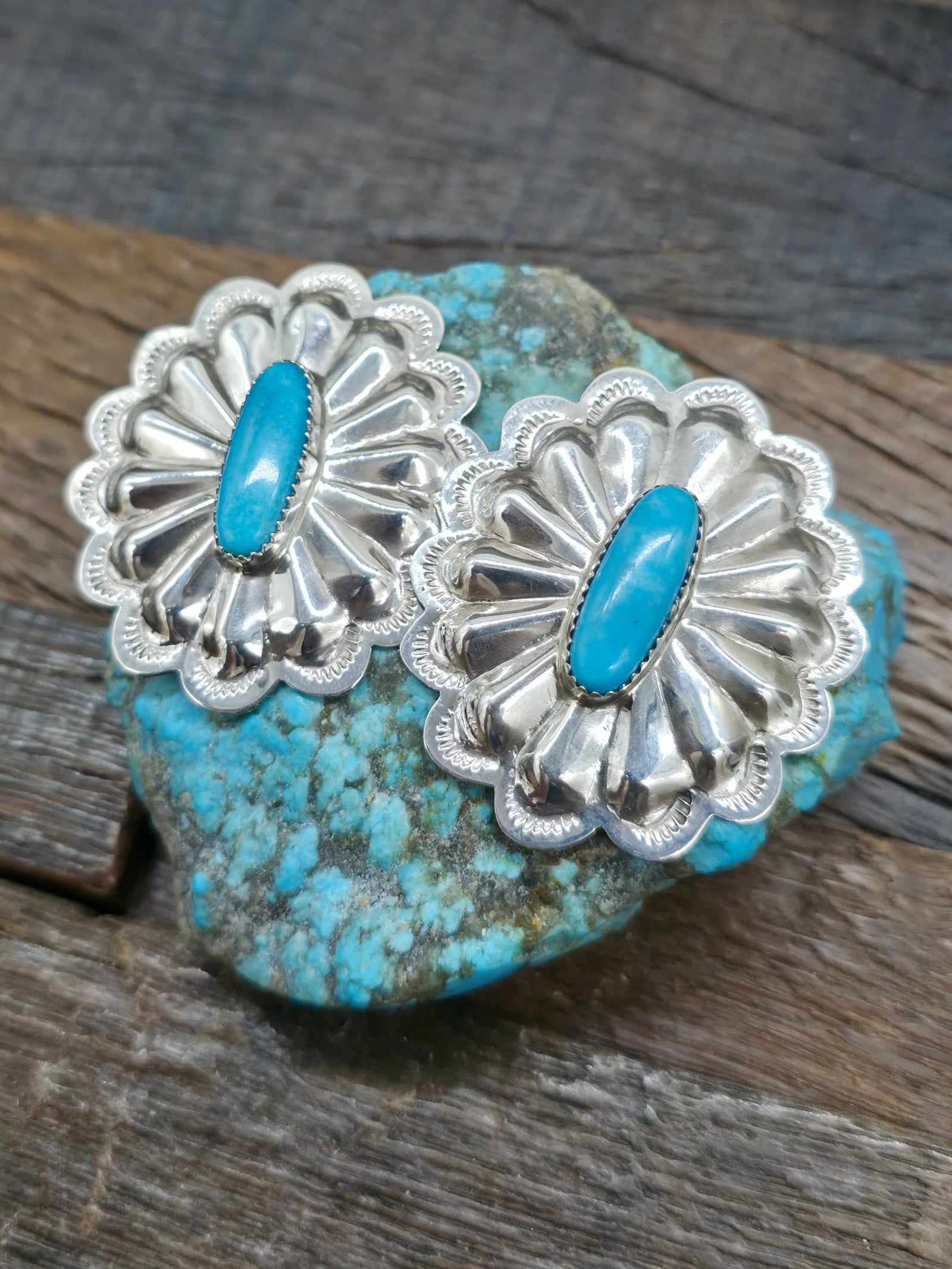 High Shine Stamped Sterling Silver Concho Earrings with Turquoise by Dale Morgan - 1 3/4 in. by 1 1/2 in.