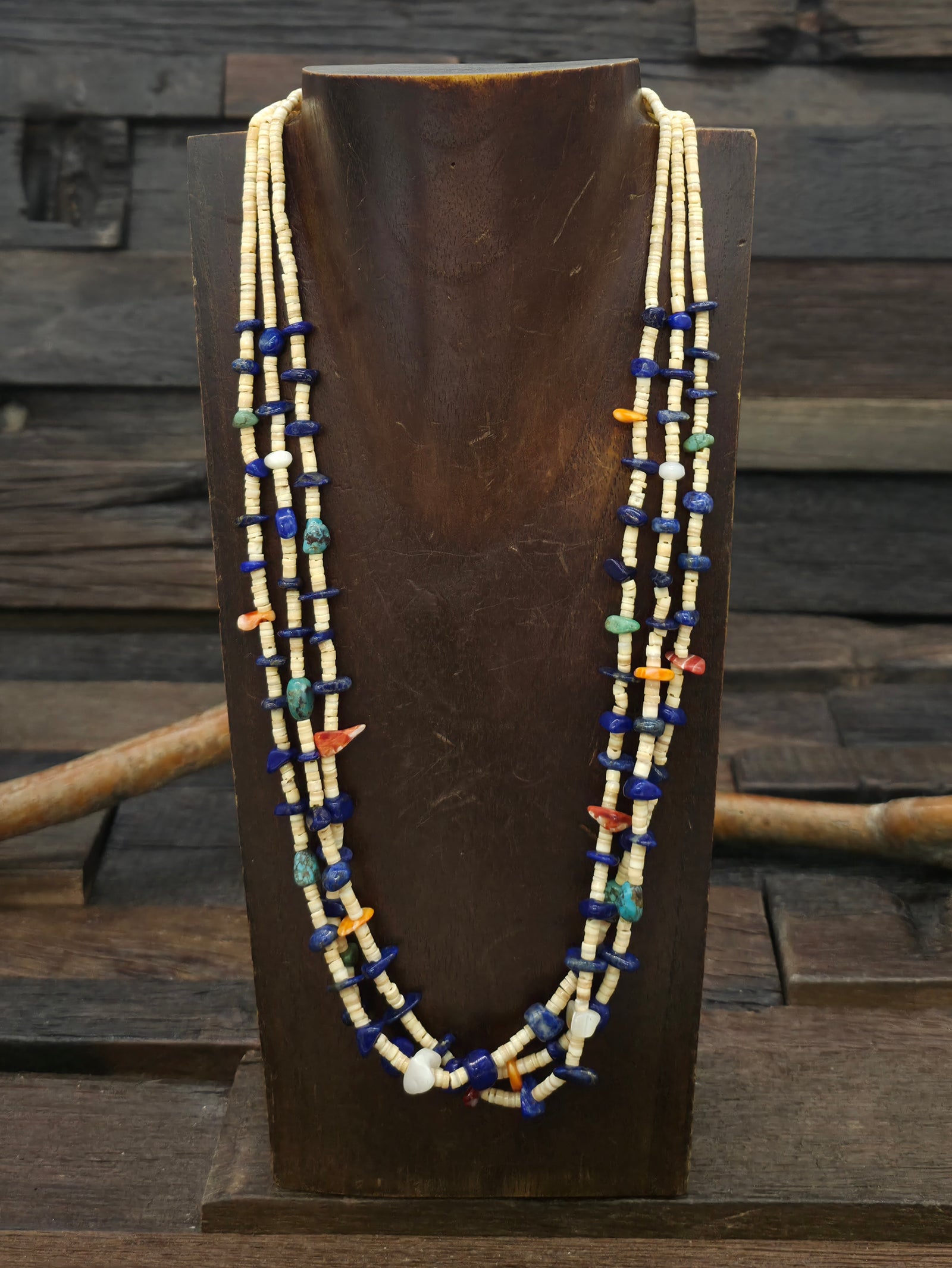 Three Strand Melon Shell Heishi Necklace with Lapis, Turquoise, and Spiny Nuggets by Robert Coriz - 22 in.