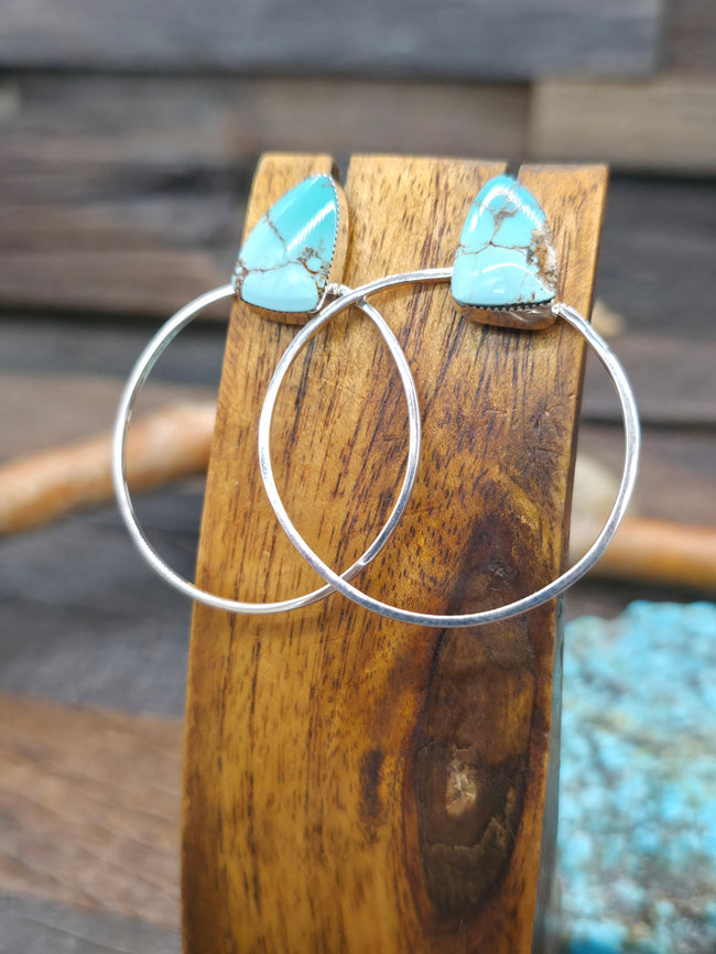 Sterling Silver Turquoise Wire Hoop Earrings  by Sheena Jack - 2 in. by 1 1/2 in.