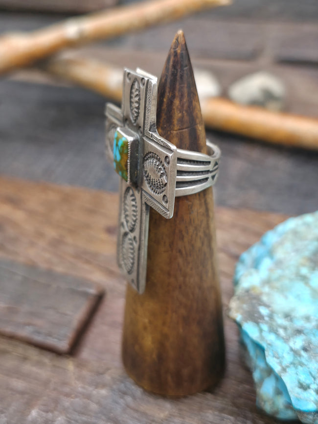 Stamped Sterling Silver Turquoise Cross Ring by Calvin Martinez - Size 8 1/2