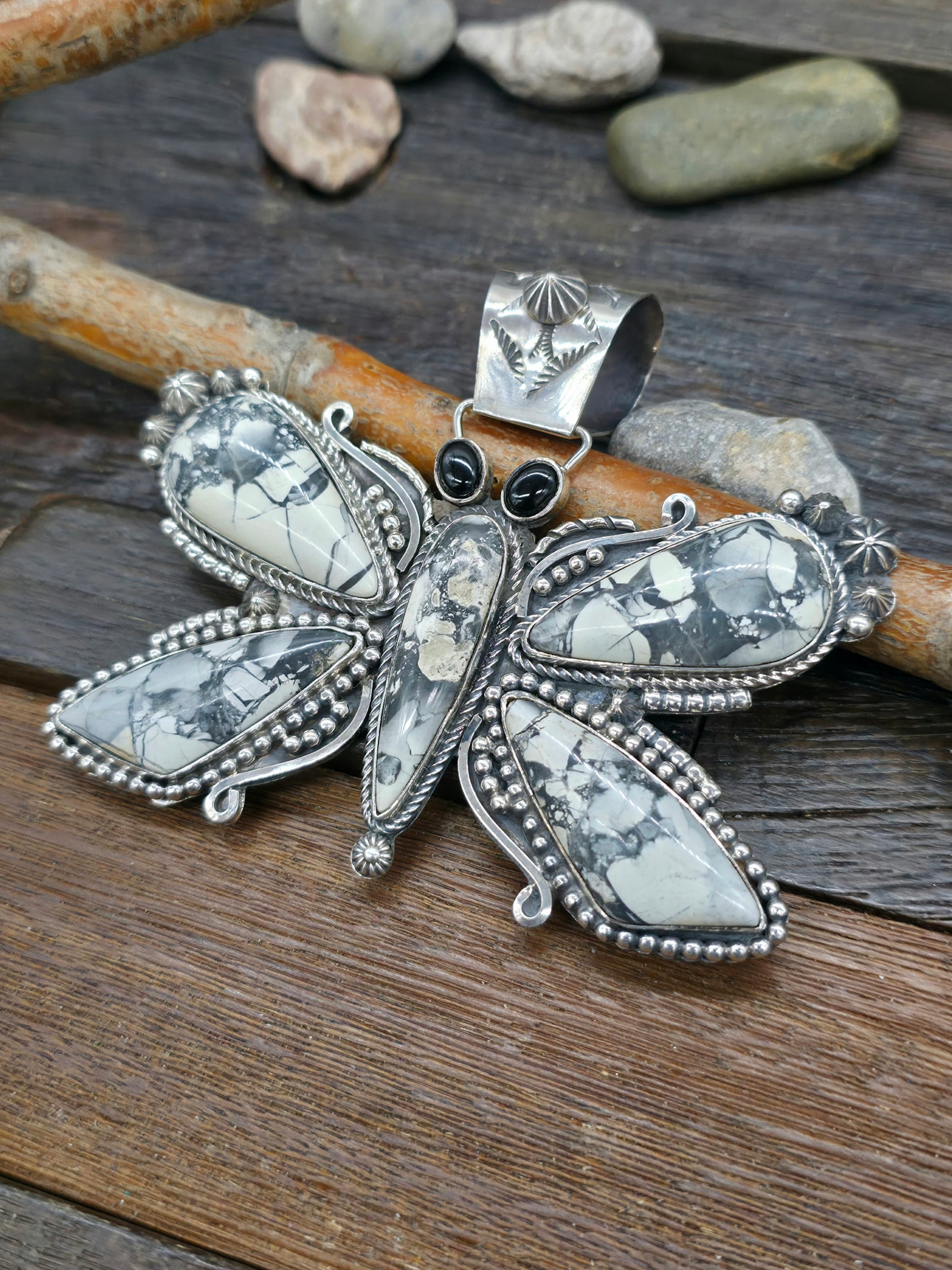 Extra Large Howlite and Onyx Sterling Silver Butterfly Pendant by Rosella Paxton