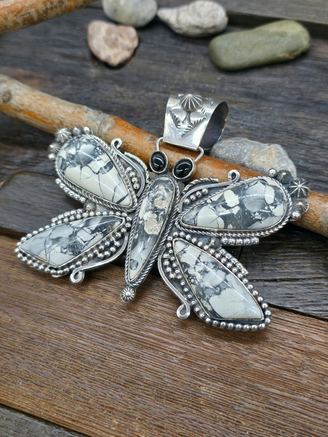 Extra Large Howlite and Onyx Sterling Silver Butterfly Pendant by Rosella Paxton