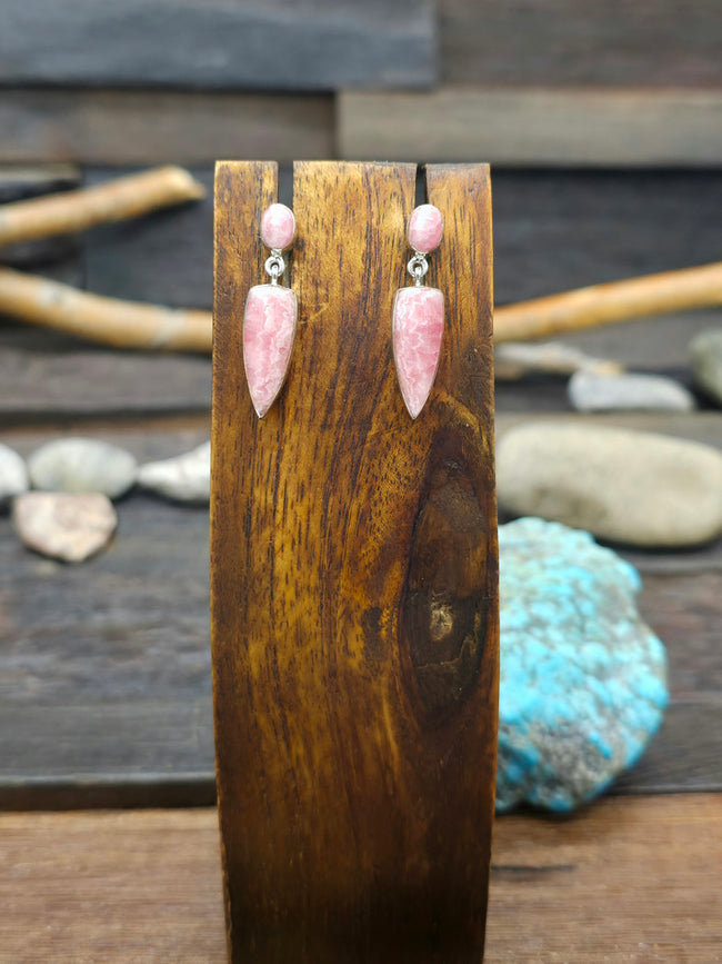 Two Stone Sterling Silver and Rhodochrosite Earrings by Elsie Armstrong