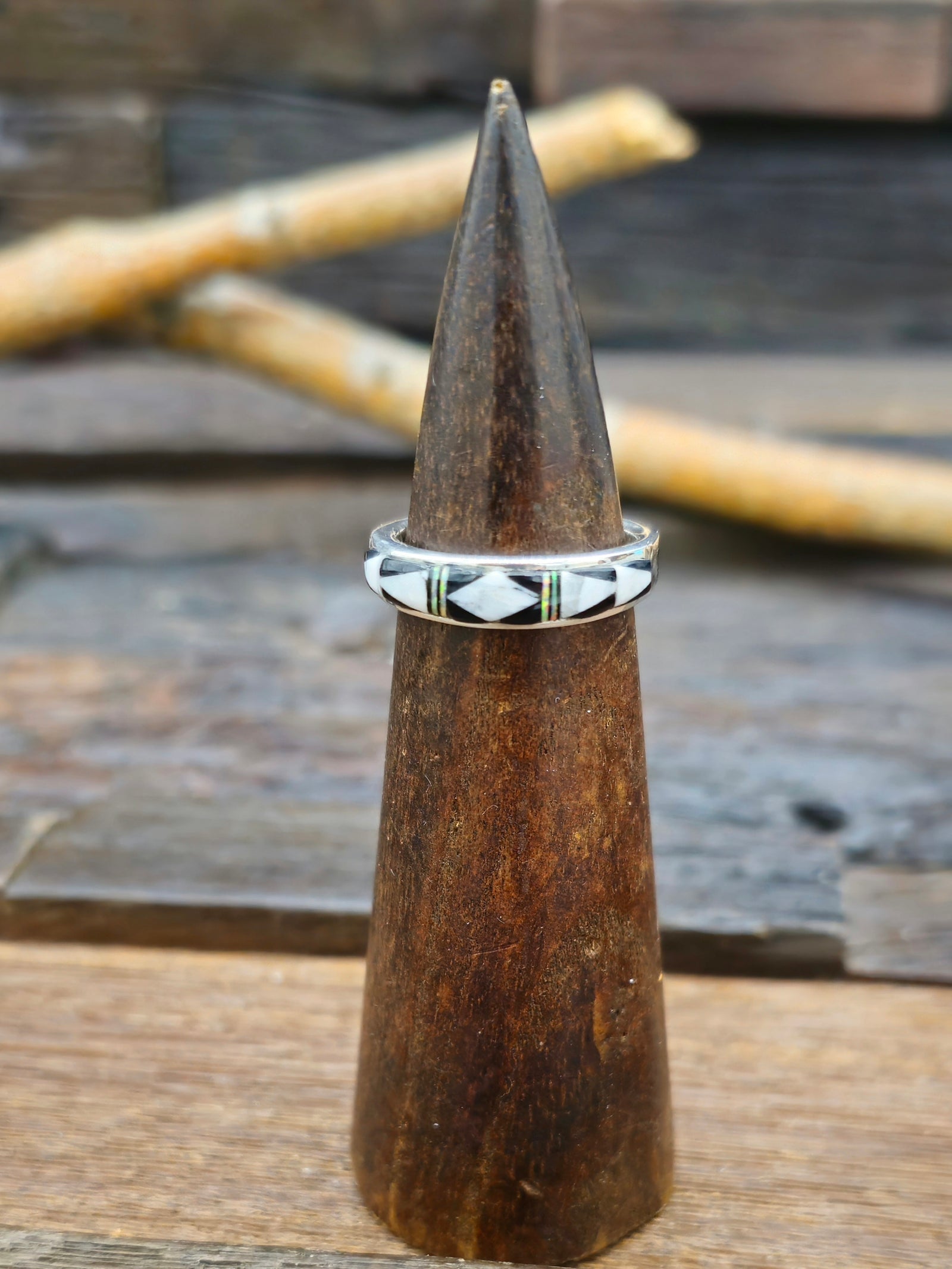 White Buffalo, Onyx, and Opal Sterling Silver Ring by Albert Topaha - Size 7 1/2