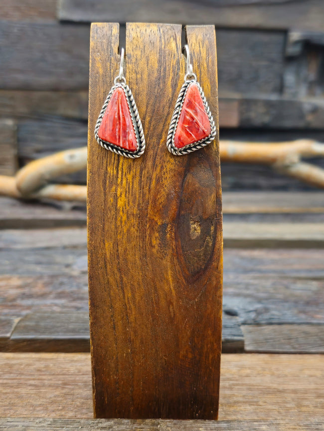 Red Spiny Oyster and Sterling Silver Triangular Dangle Earrings by Rosella Paxton - 1 1/2 in.