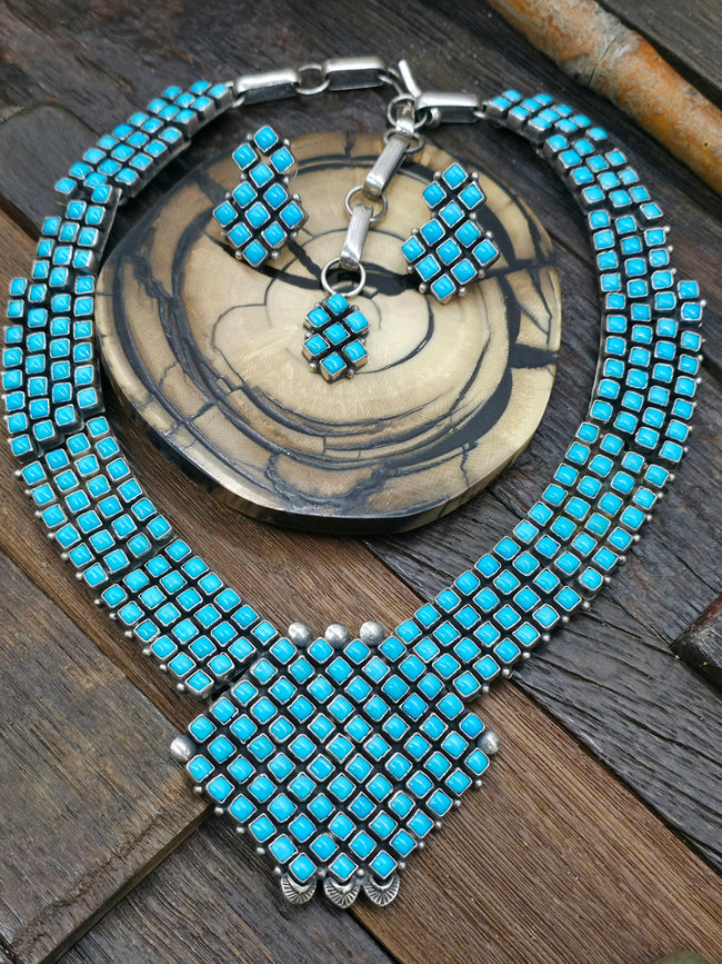 Geometric Sterling Silver Sleeping Beauty Turquoise Necklace and Earring Set by Alice Lister - 18 in.