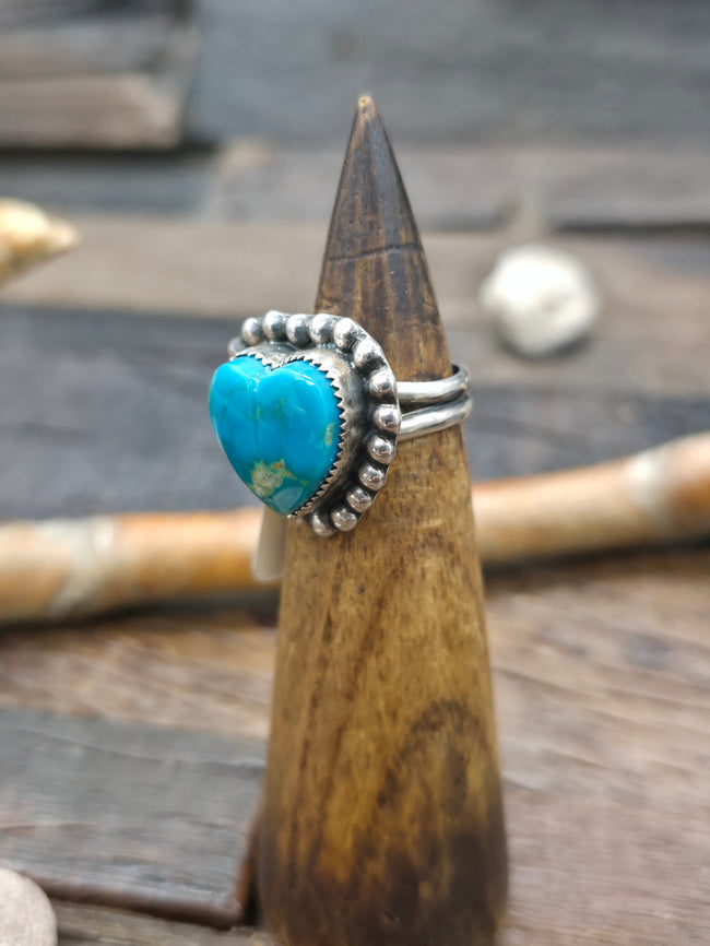 Sterling Silver Turquoise Heart Ring by Lawrence Archuleta - Size 7 1/2