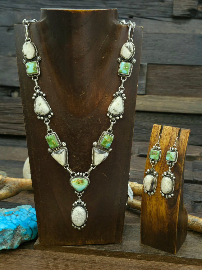 Sterling Silver White Buffalo and Sonoran Turquoise Lariat Necklace and Earring Set by Rosella Paxson - 32 in.w/2 1/2 in. Drop