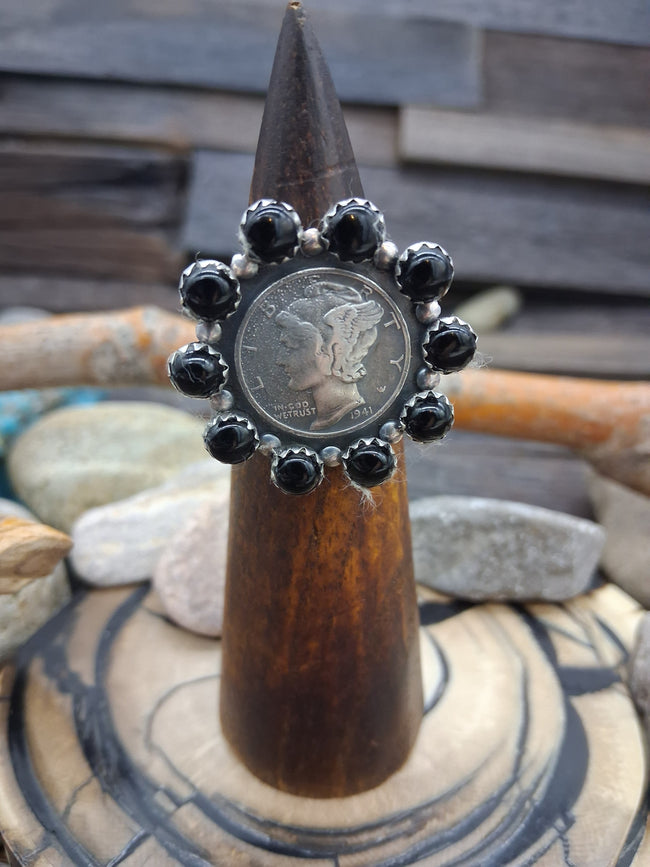Black Onyx Liberty Dime Coin Sterling Silver Ring Size 8 by Lawrence Archuleta