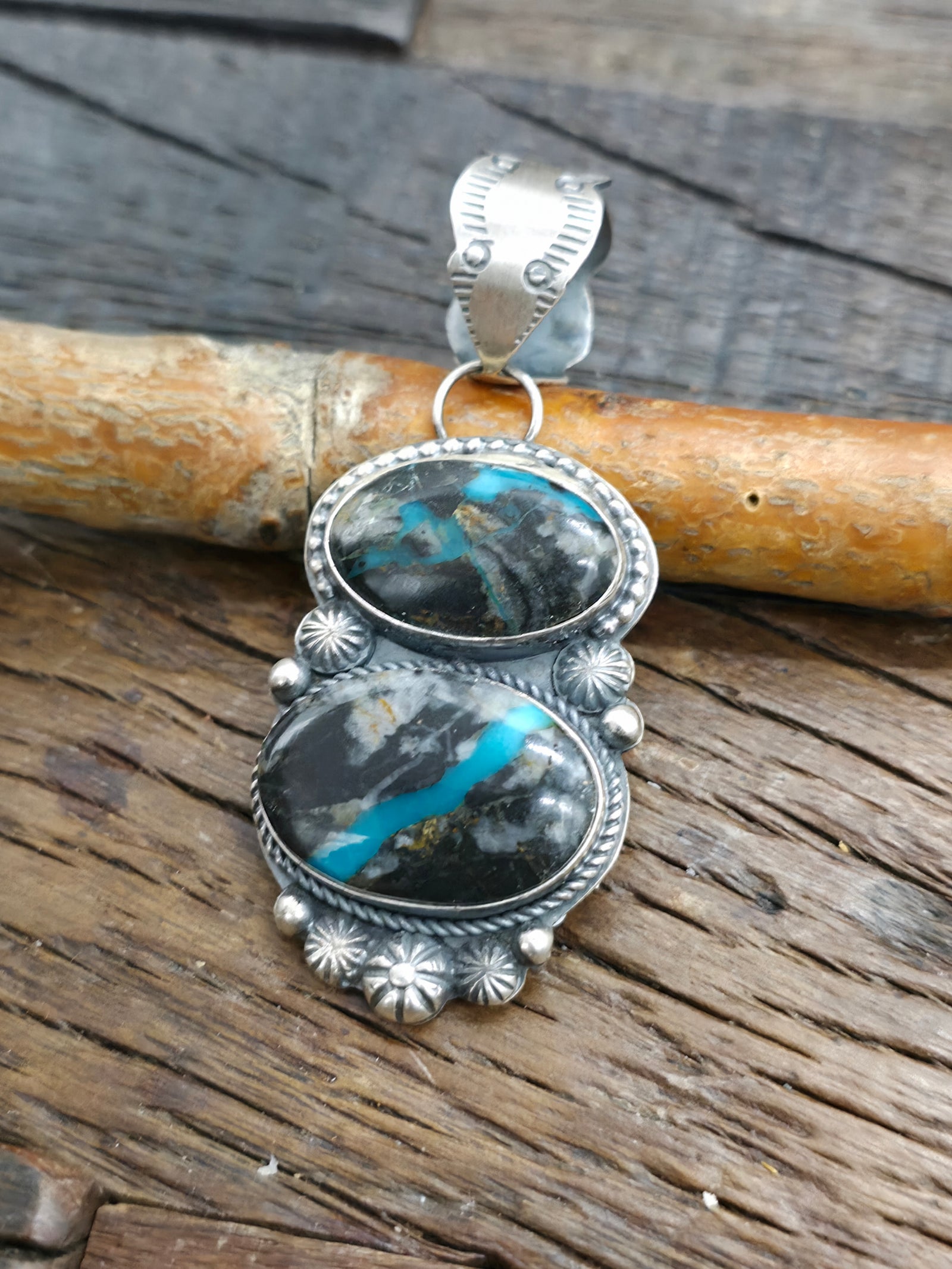 Two Stone Sterling Silver Boulder Turquoise Pendant by Tawnie Willie - 2 1/2 in. by 1 in.
