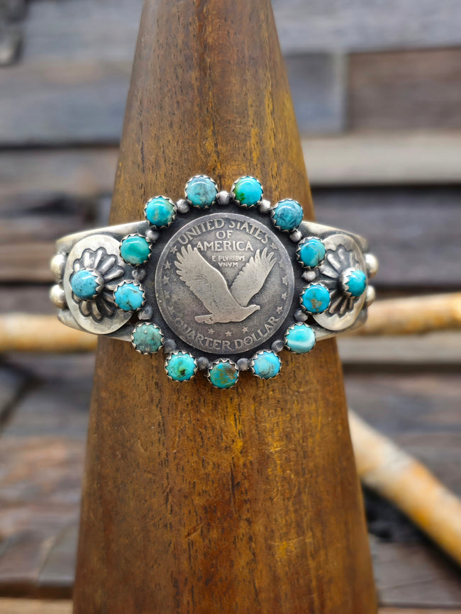 Blue Turquoise Quarter Dollar Coin Silver Cuff by L. Archuleta - 6 in.