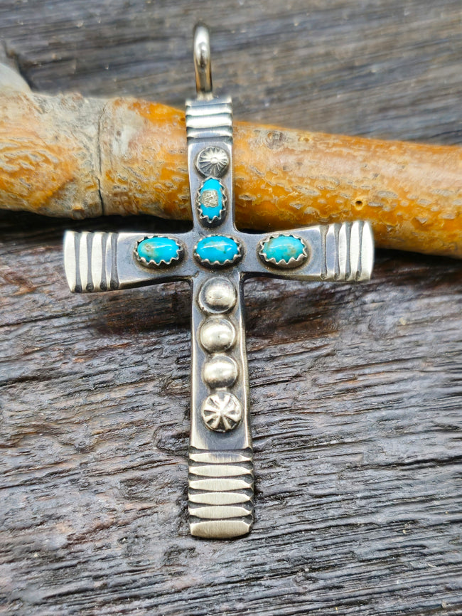 Oxidized Sterling Silver and Turquoise Cross Pendant by Martha Cayatineto