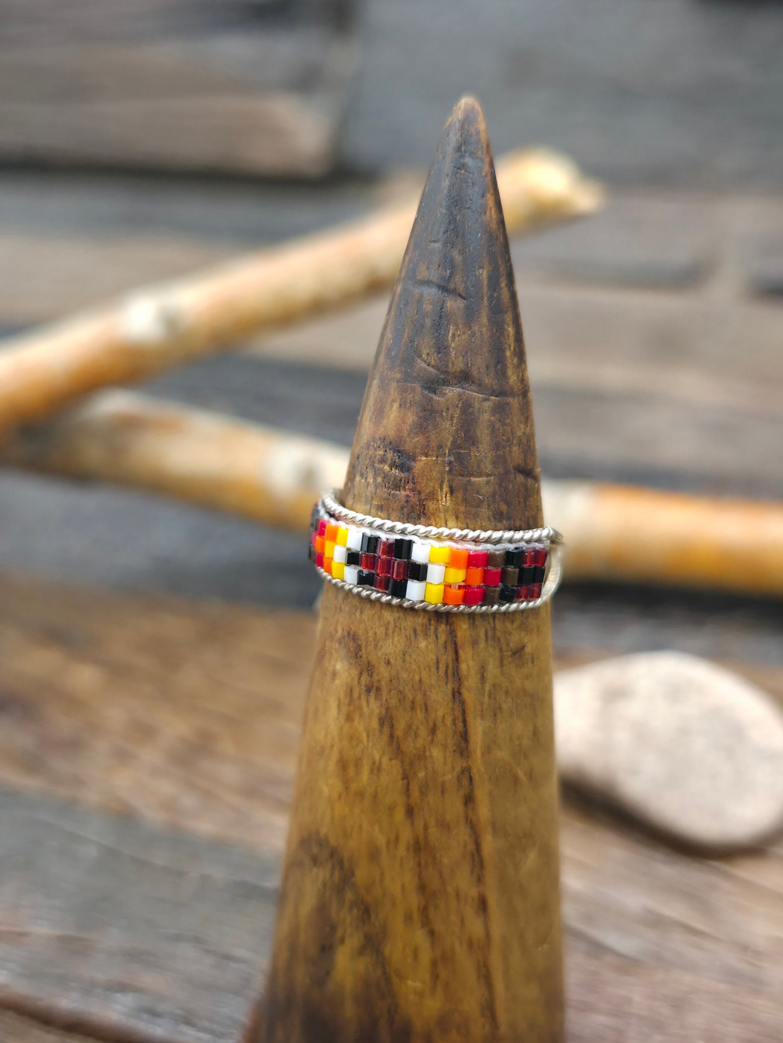 Beadwork Sterling Silver Ring by Lucille Ramone - Red and Black - Size 9 1/2