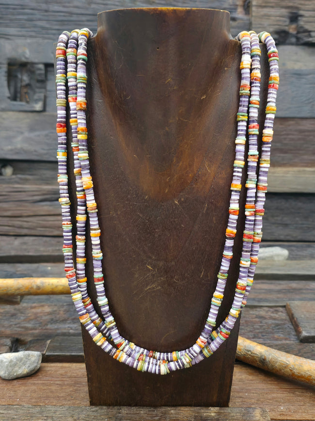 3 Strand Turquoise, Spiny, and Wampum Shell Necklace by Fred Archuleta - 32 in.