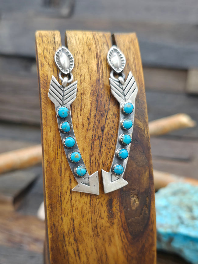 Stamped Sterling Silver Turquoise Arrow Earrings by H. Tahe - 2 1/4 in. by 1/2 in.