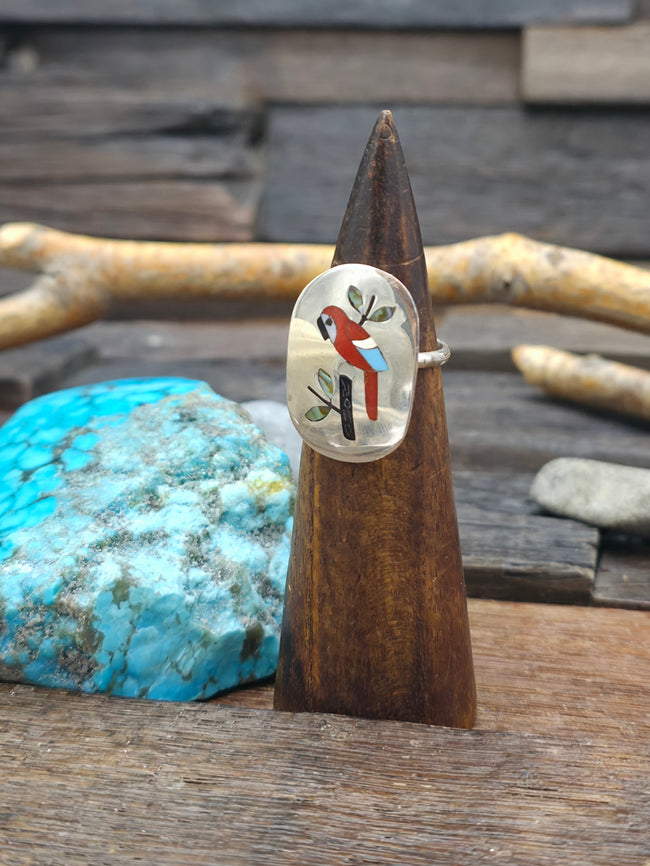 Sterling Silver Coral, Turquoise, and Shell Inlay Parrot Ring by S.C. Edaakie - Size 9