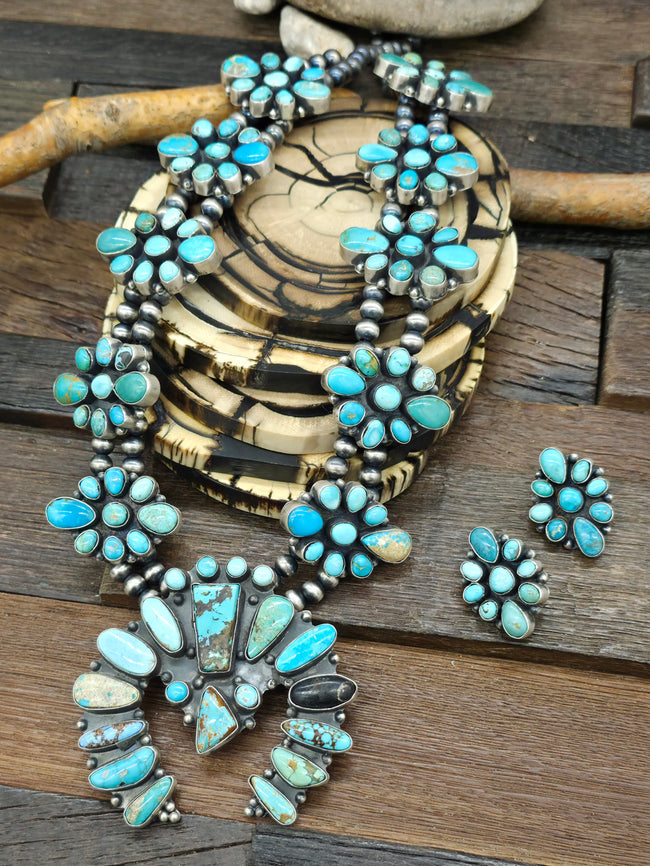 Sterling Silver Mixed Turquoise Squash Blossom Necklace and Earring Set by "R.S" - 28 in.