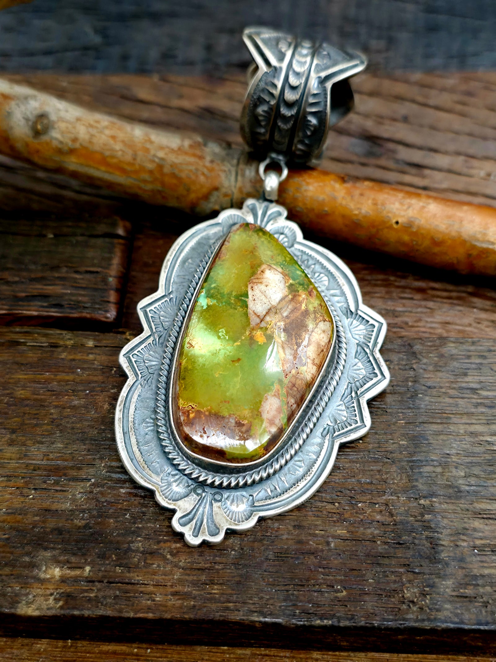 Stamped Sterling Silver Royston Boulder Turquoise Pendant by Leon Martinez - 4 in. by 2 in.