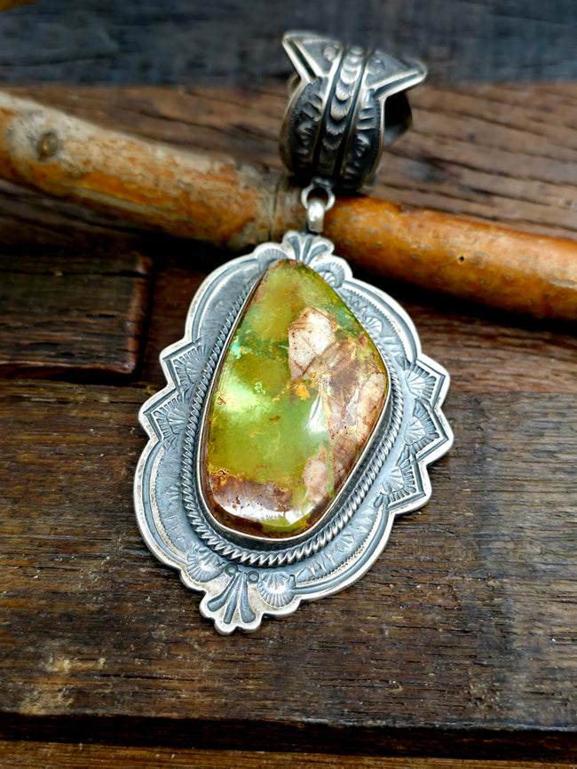 Stamped Sterling Silver Royston Boulder Turquoise Pendant by Leon Martinez - 4 in. by 2 in.