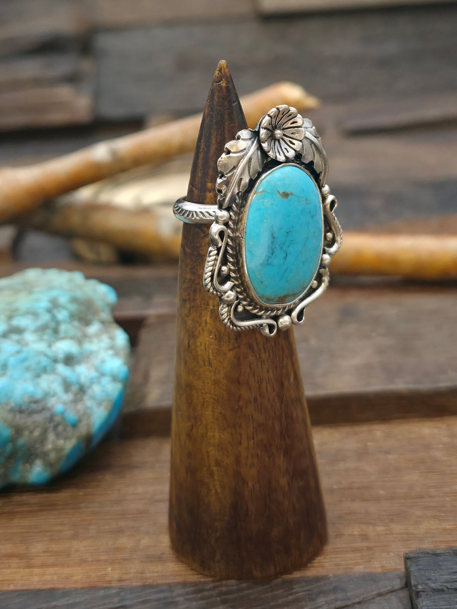 Sterling Silver Flower Applique and Turquoise Ring by Brenda Jimenez - Adjustable