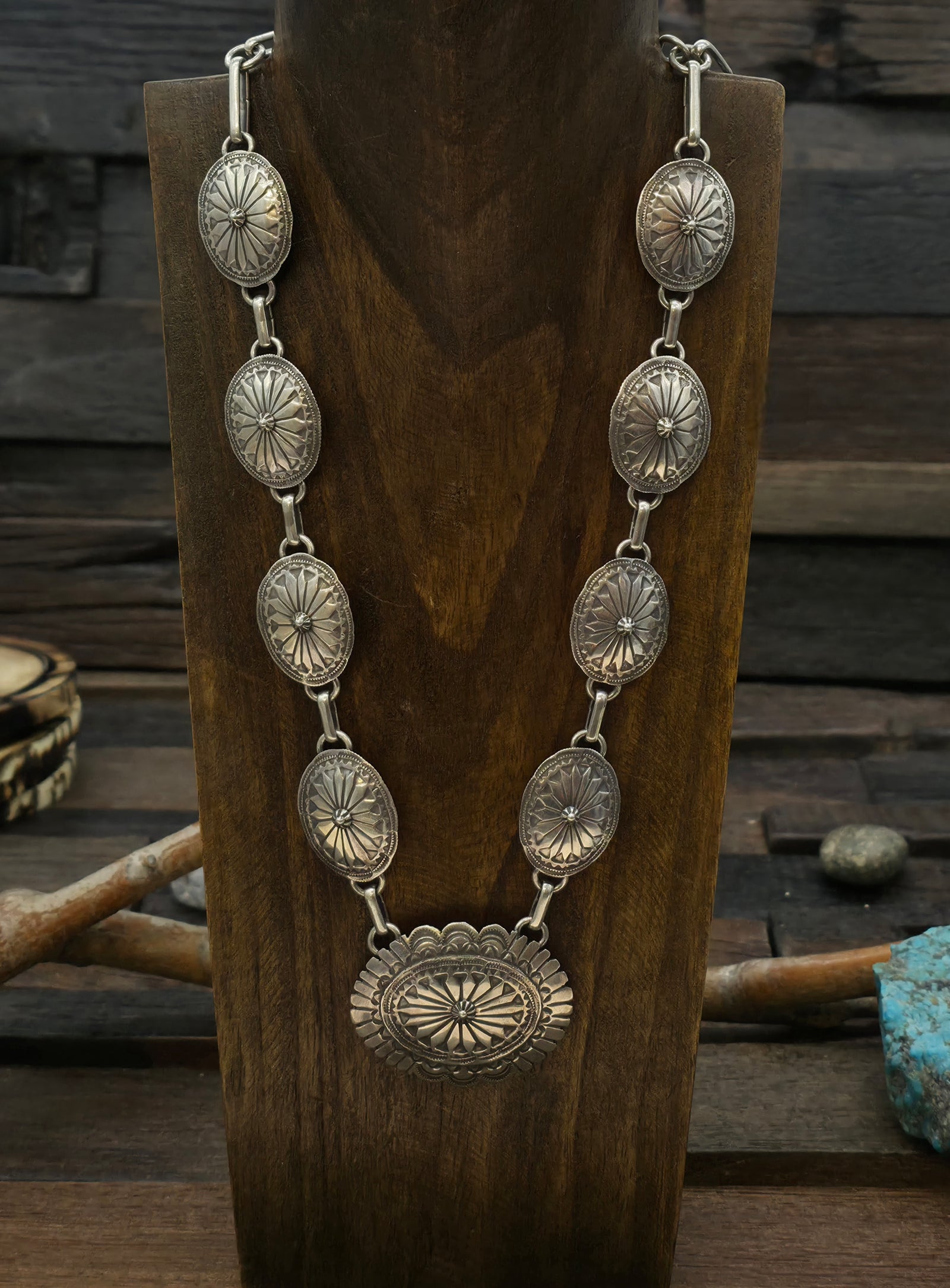 Stamped Sterling Silver Concho Necklace - 24 in.