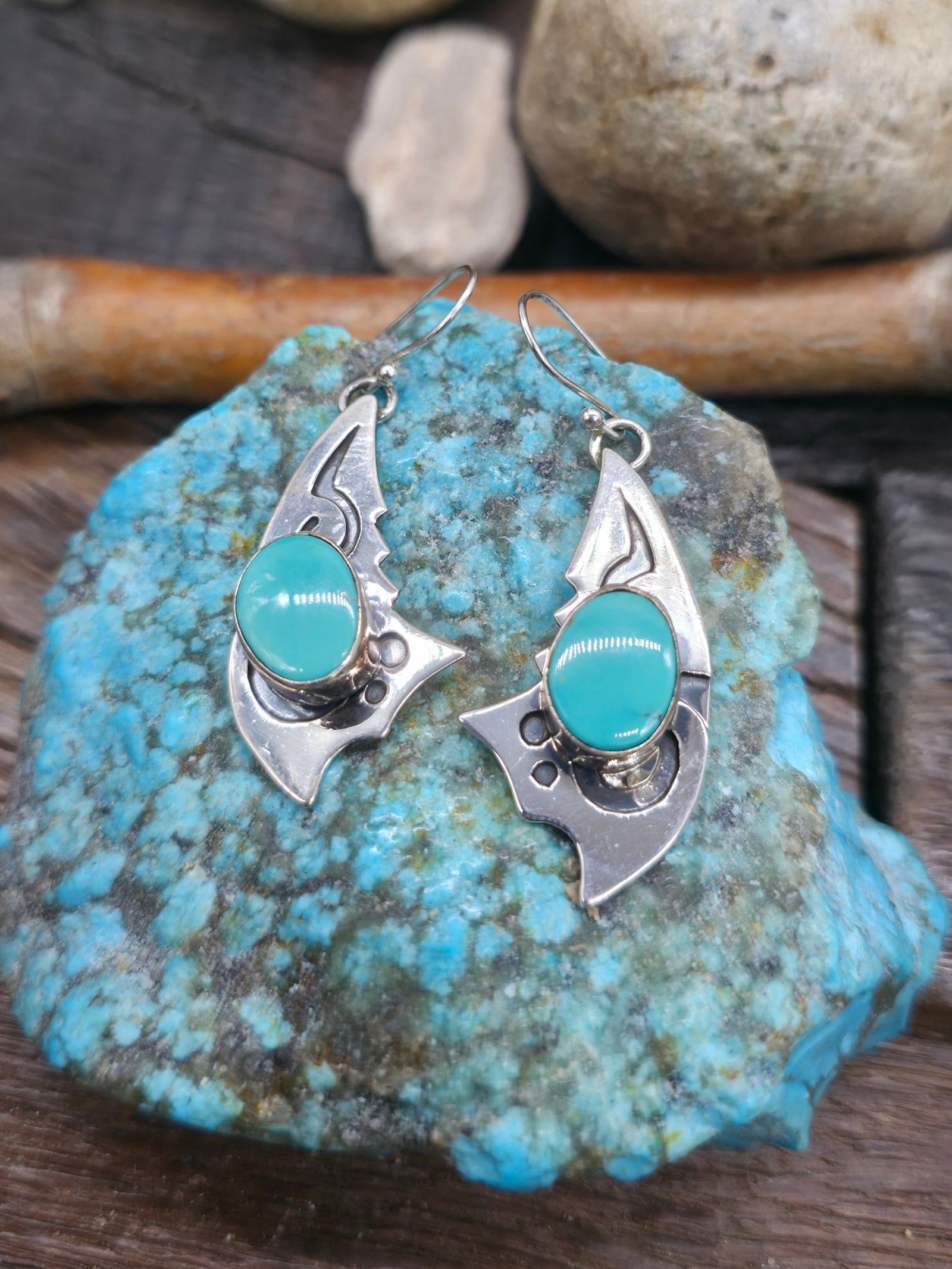 Sterling Silver Overlay Turquoise Earrings by Randy Billy - 2 in. by 3/4 in.