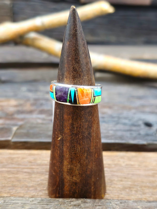 Multistone Inlay Sterling Silver Ring by Albert Topaha - Size 10