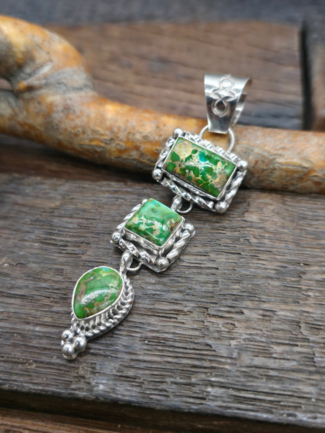 Three Stone Sonoran Turquoise Sterling Silver Pendant by Rosella Paxton - 3 in. by 7/8 in.