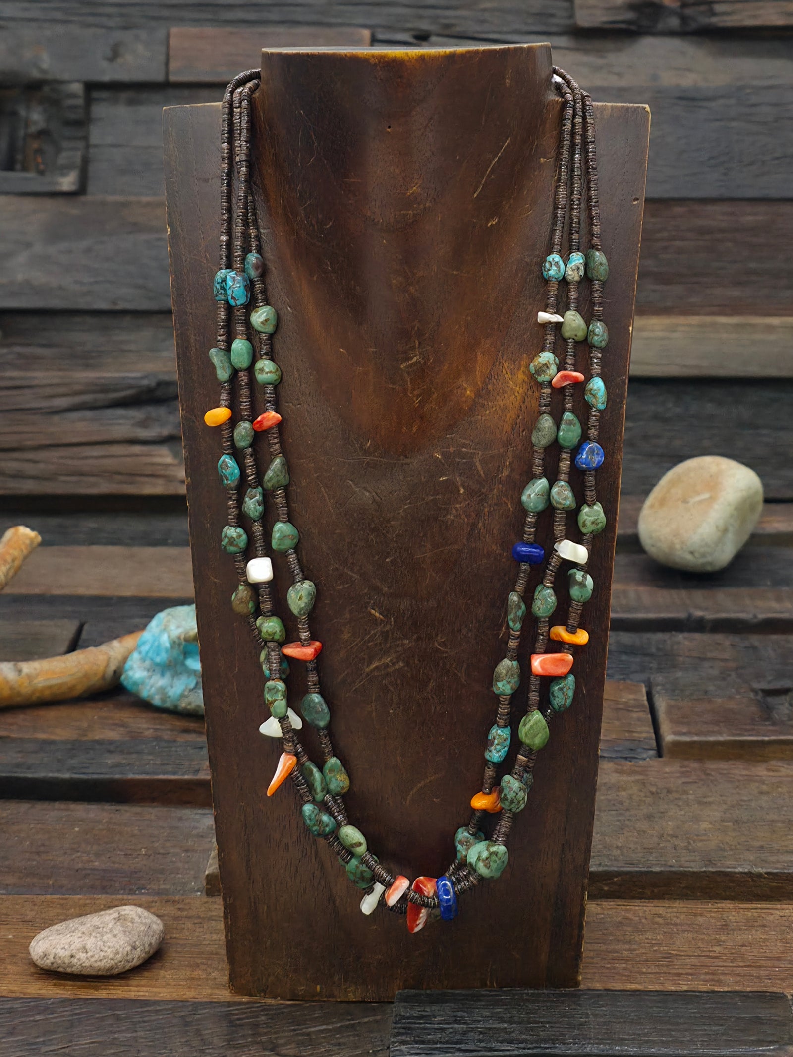 Three Strand Heishi Necklace with Turquoise, Lapis, and Spiny Nuggets by Robert Coriz - 22 in.