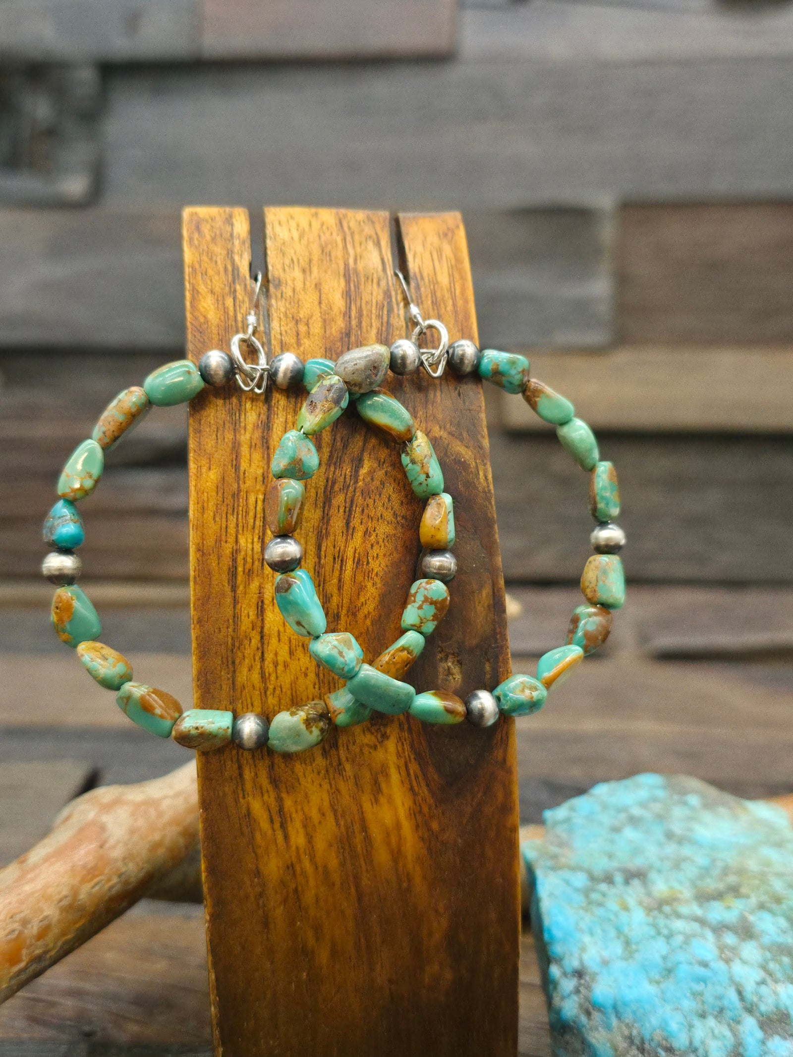 Green Turquoise Nugget and Sterling Silver Bead Hanging Hoop Earrings