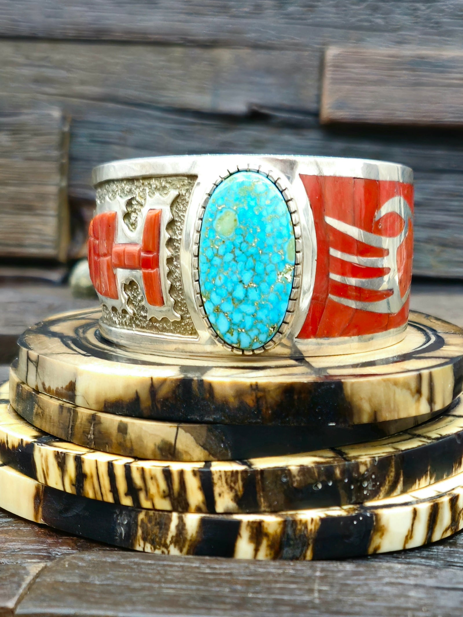 Turquoise and Coral Sterling Silver Cuff by Michael Perry - 7 in